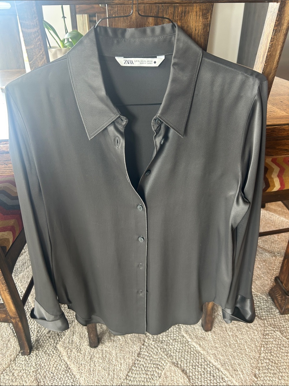 Zara Men's Charcoal Satin Button-Up Shirt